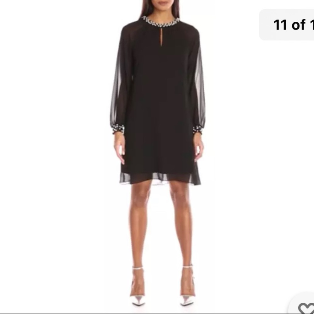 SLNY Navy Blue Long Sleeves Pearls Holiday Dress Size 8 - Picture 7 of 15